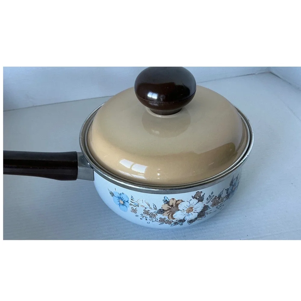Vintage Enamelware Saucepan Floral‎ Pot with Lid Blue Brown White 1.5qt